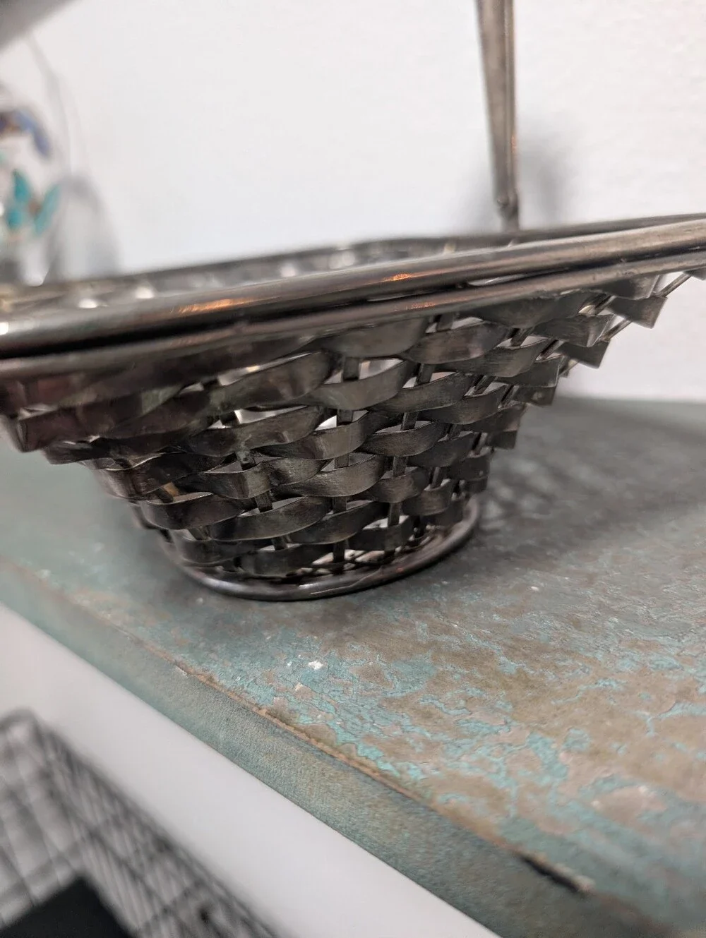 Woven Silver Plated Metal Basket w Handle Farmhouse  Storage Country Kitchen